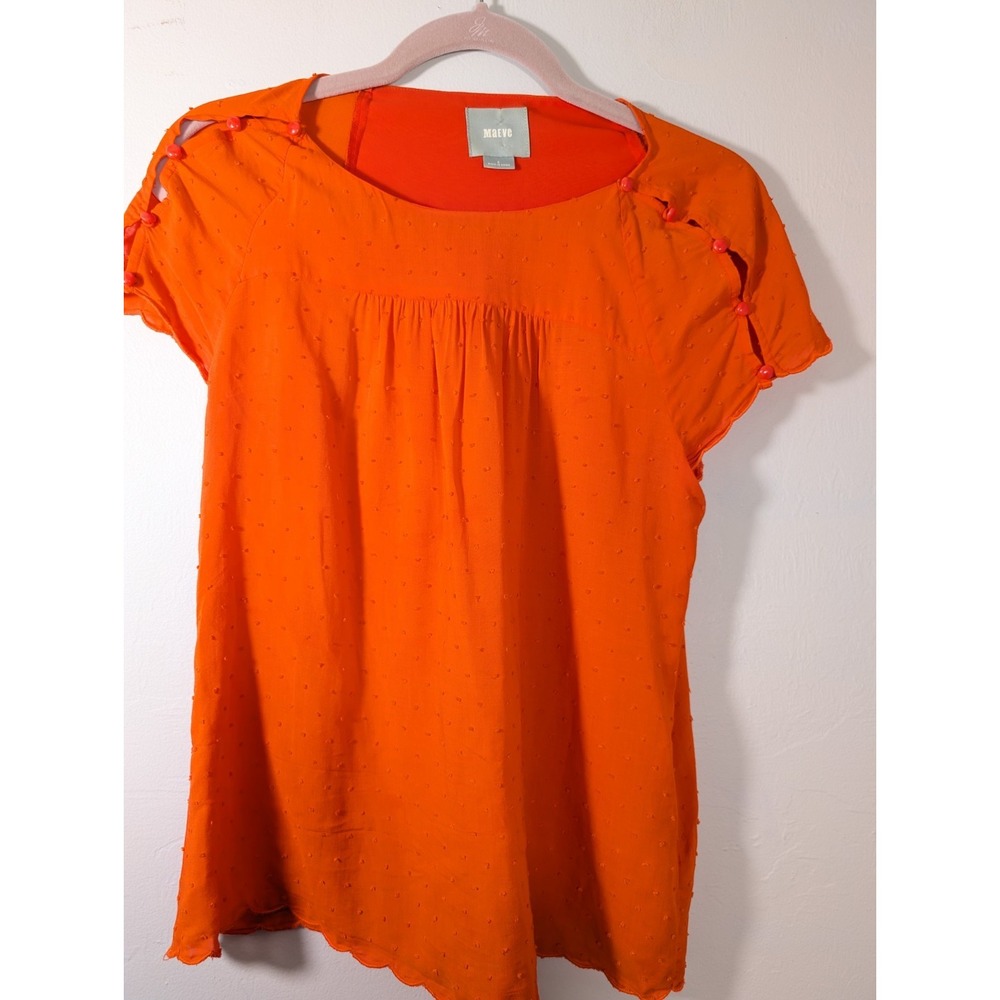 Anthropologie‎ Maeve Orange Swiss Dot Short Sleeve Button Shoulder Top Size 2